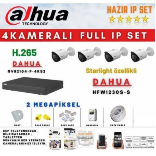 Dahua 4 kameralı Starlight Ip Kamera Set 2MP Tak Çalıştır