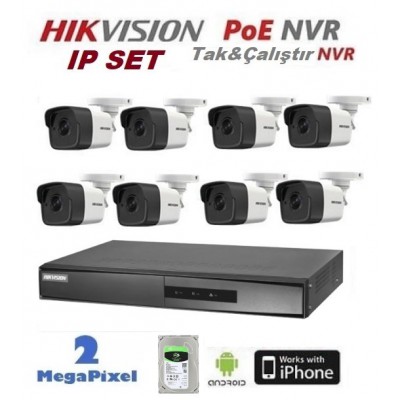 8 Kameralı 2MP Hikvision IP Poe Nvr lı Set