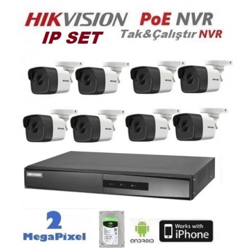 8 Kameralı 2MP Hikvision IP Poe Nvr lı Set