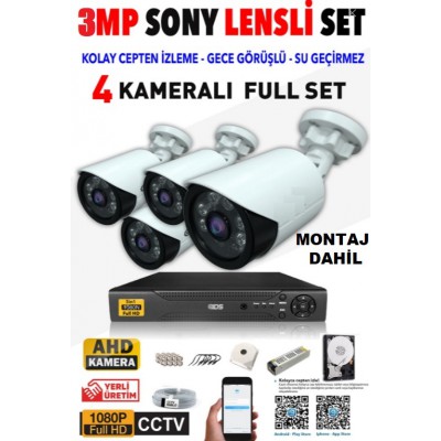 Montaj Dahil 3MP UltraHD  4 Kameralı Güvenlik Kamera Seti